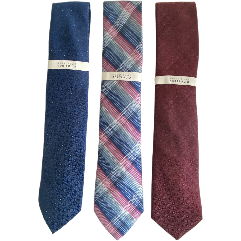 Perry Ellis Portfolio Necktie Lot of 3 Classic Width/Length Blue, Plaid, Red NEW